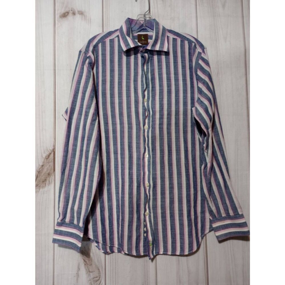 Tailorbyrd Mens L Blue Pink Striped 2-Ply Cotton Long Sleeve Button Down‎ Shirt